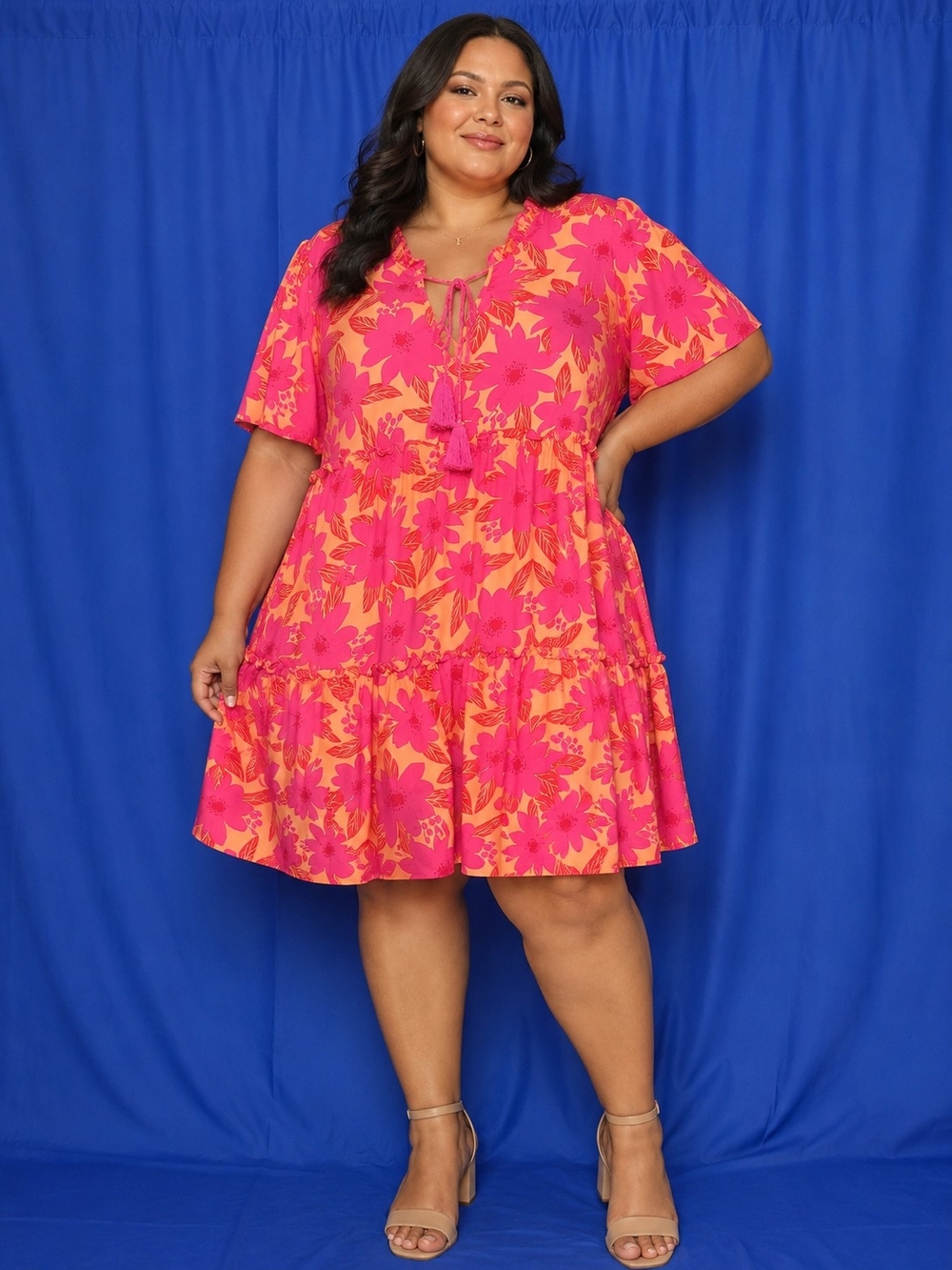 Shein Curve Pink & Orange Floral Tiered Plus-Size Dress Size 3XL